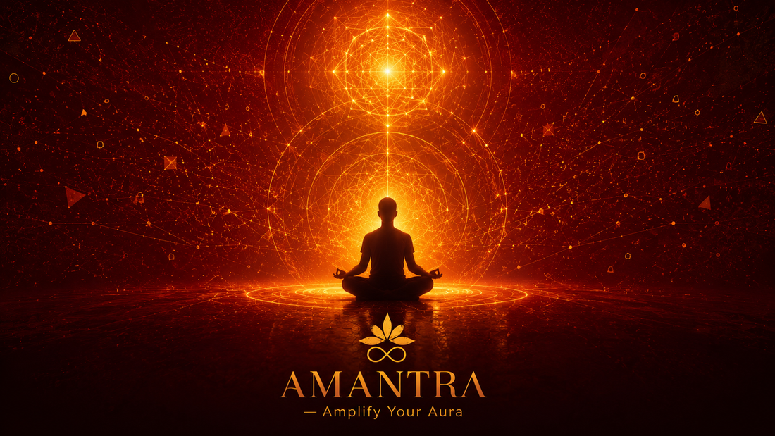 AMANTRA - Amplify Your Aura, meditating figure radiating golden light