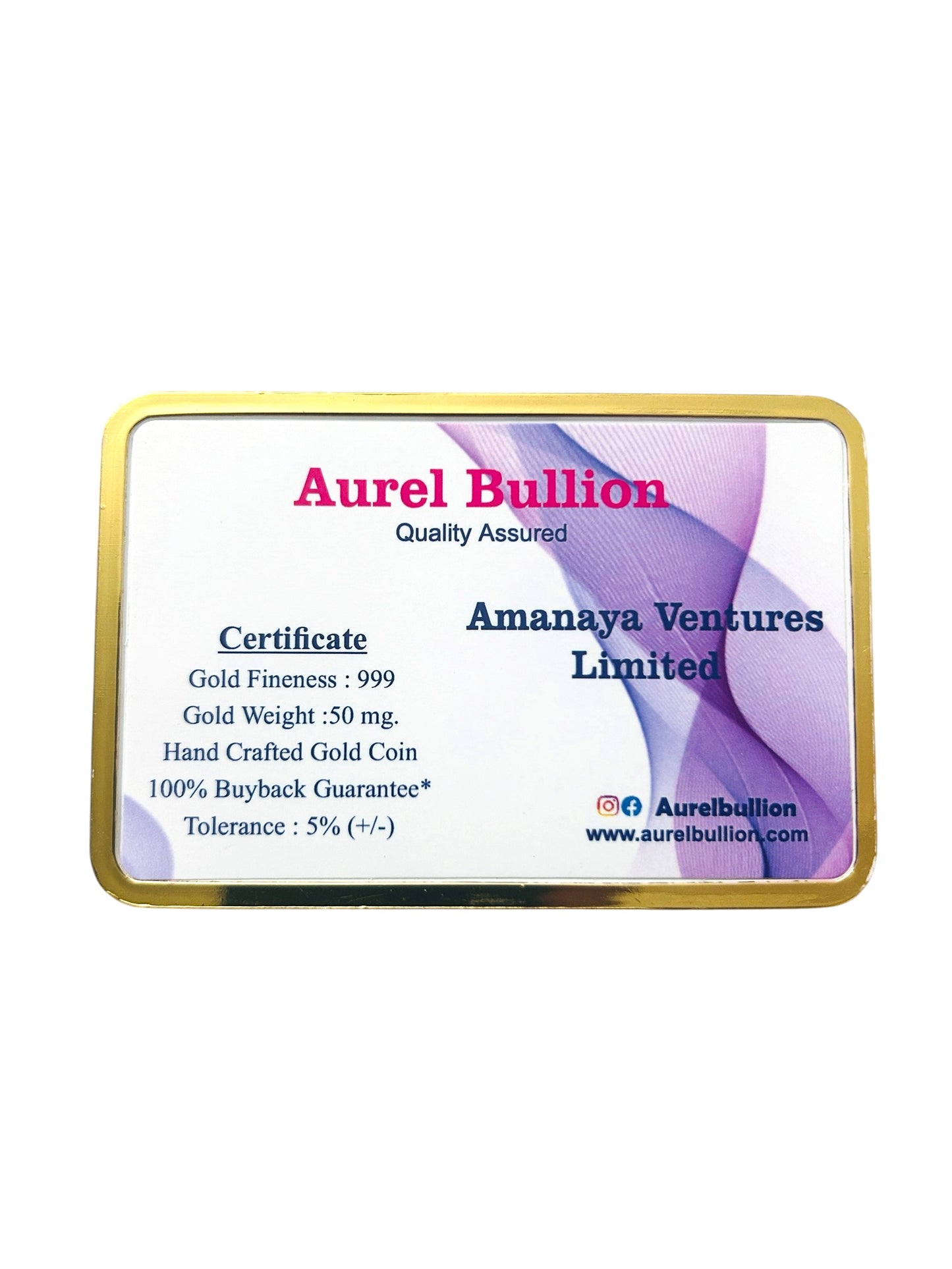 Aurel 50 mg Gold Foil Coin 999 Purity - back