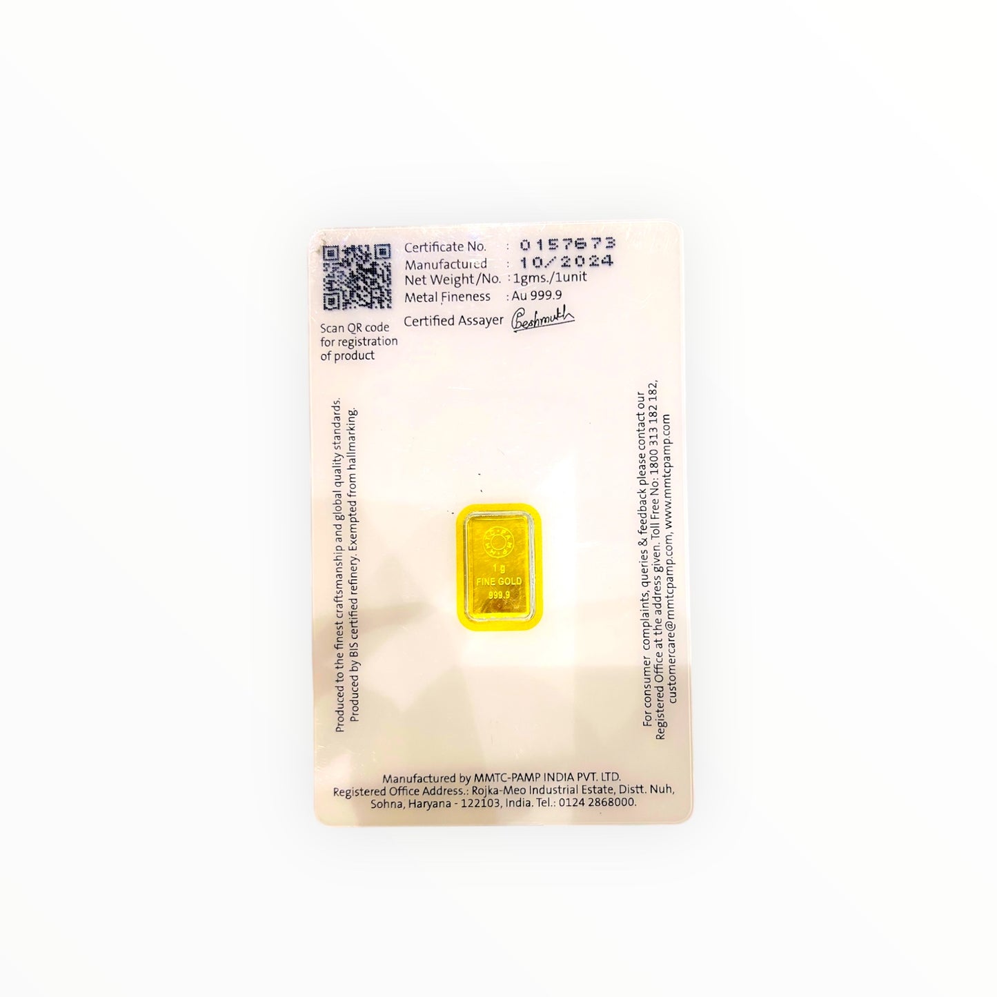MMTC PAMP  1 Gram 999.9 Pure Gold Bar